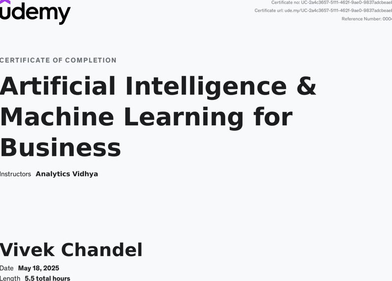 Artificial Intelligence & Machine Learning for Business — Analytics Vidhya, earned by Vivek Singh Chandel