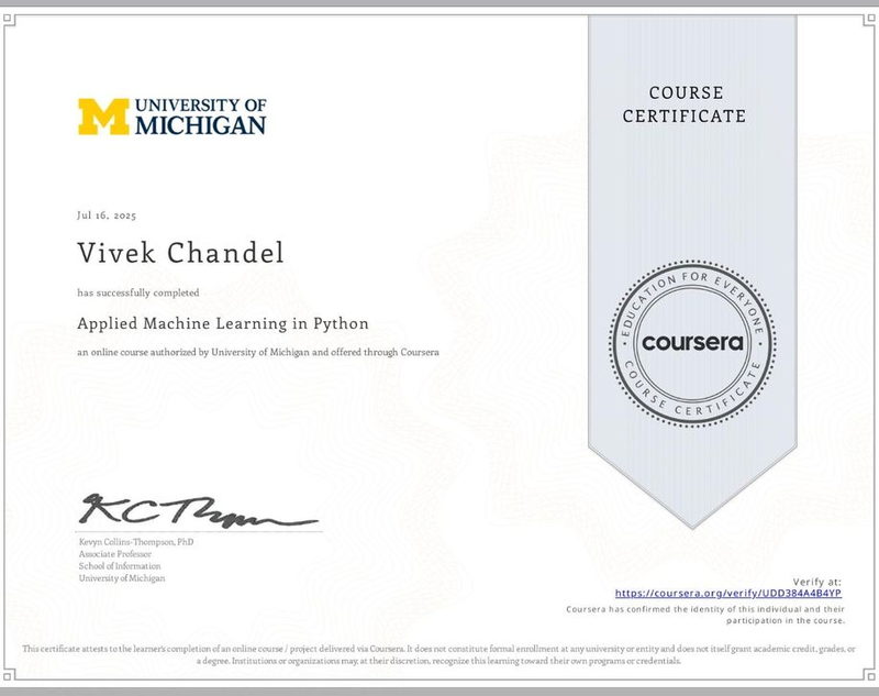 Applied Machine Learning in Python — University of Michigan, earned by Vivek Singh Chandel