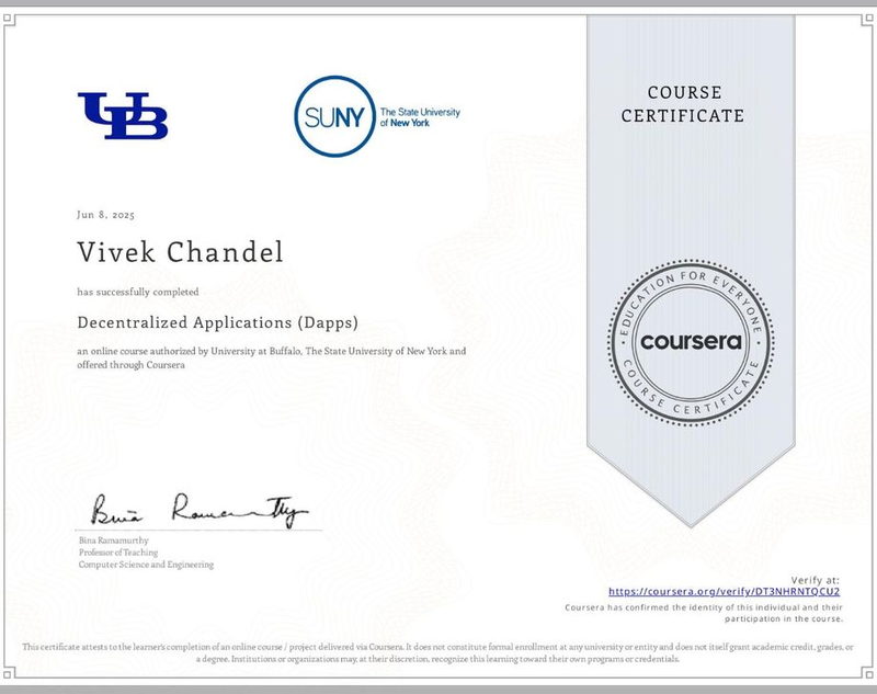 Decentralized Applications (Dapps) — University at Buffalo, earned by Vivek Singh Chandel
