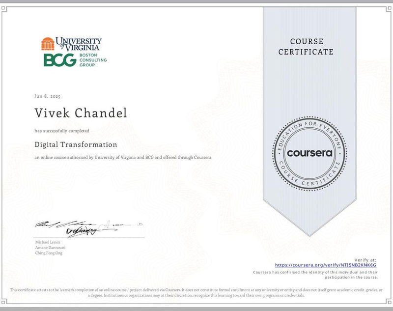 Digital Transformation — University of Virginia & BCG, earned by Vivek Singh Chandel