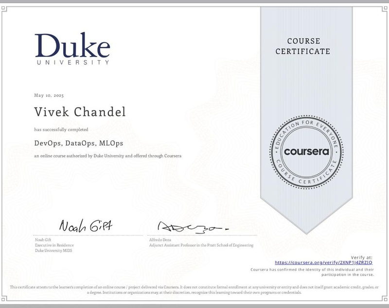 DevOps, DataOps, MLOps — Duke University, earned by Vivek Singh Chandel