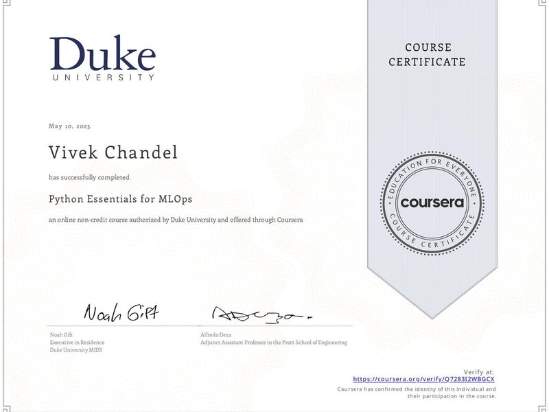 Python Essentials for MLOps — Duke University, earned by Vivek Singh Chandel