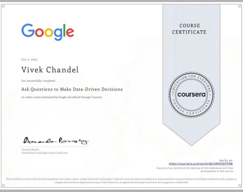 Ask Questions to Make Data-Driven Decisions — Google, earned by Vivek Singh Chandel