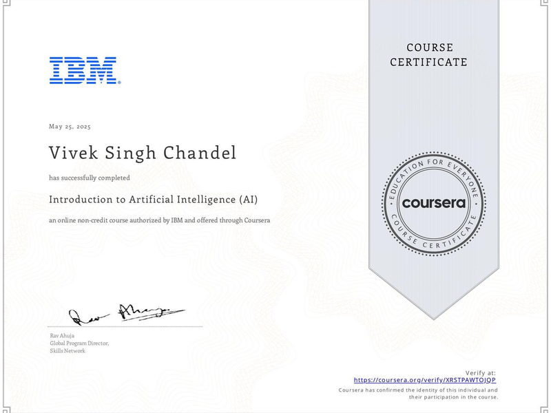 Introduction to Artificial Intelligence (AI) — IBM, earned by Vivek Singh Chandel