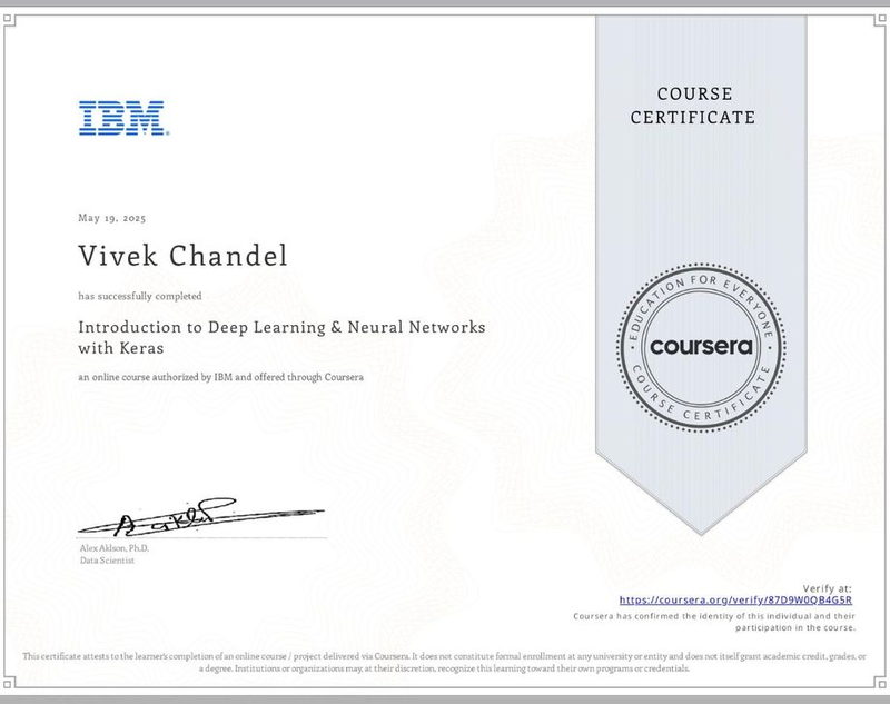 Introduction to Deep Learning & Neural Networks with Keras — IBM, earned by Vivek Singh Chandel