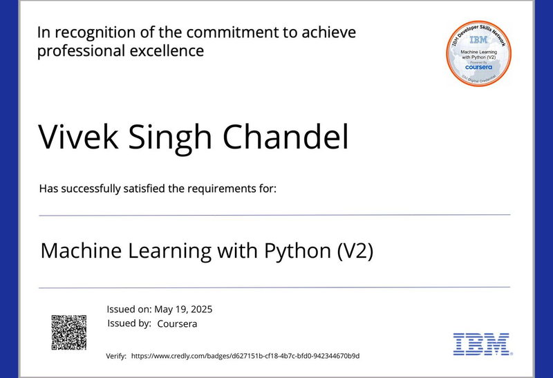 Machine Learning with Python — IBM, earned by Vivek Singh Chandel