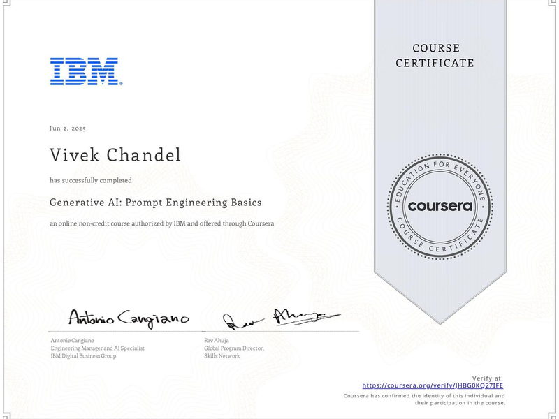 Generative AI: Prompt Engineering Basics — IBM, earned by Vivek Singh Chandel