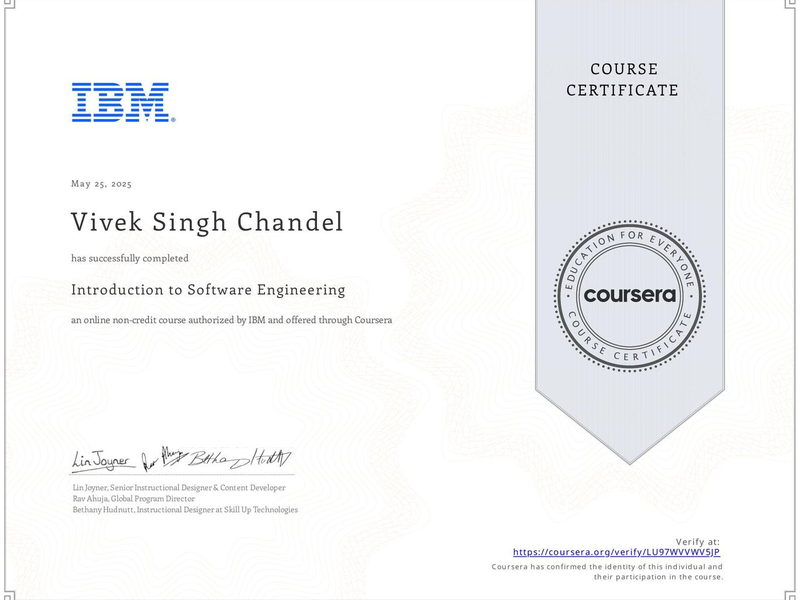 Introduction to Software Engineering — IBM, earned by Vivek Singh Chandel