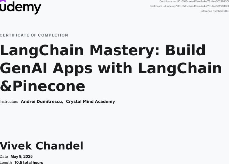LangChain Mastery: GenAI Apps with LangChain & Pinecone — Crystal Mind Academy, earned by Vivek Singh Chandel