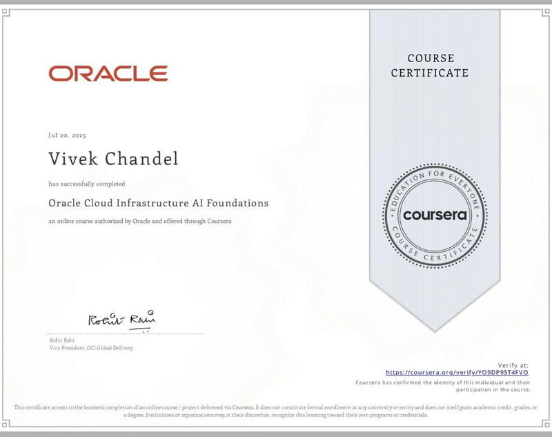 OCI 2025 AI Foundations — Oracle, earned by Vivek Singh Chandel