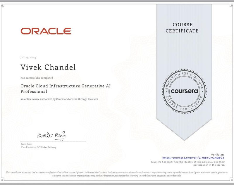 OCI 2025 Generative AI Professional — Oracle, earned by Vivek Singh Chandel