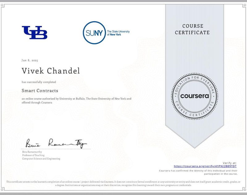Smart Contracts — University at Buffalo, earned by Vivek Singh Chandel